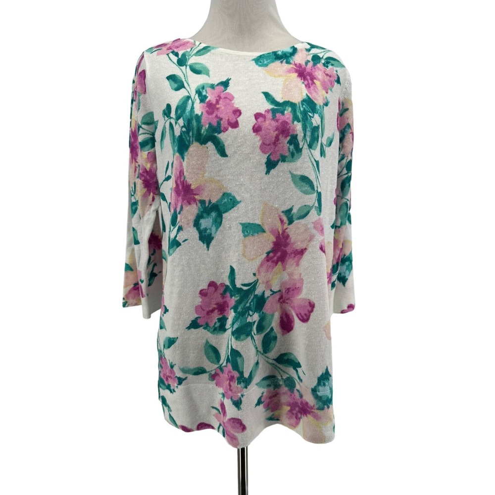 J. Jill Women's White Floral Linen Blend Knit Top Size Small NEW